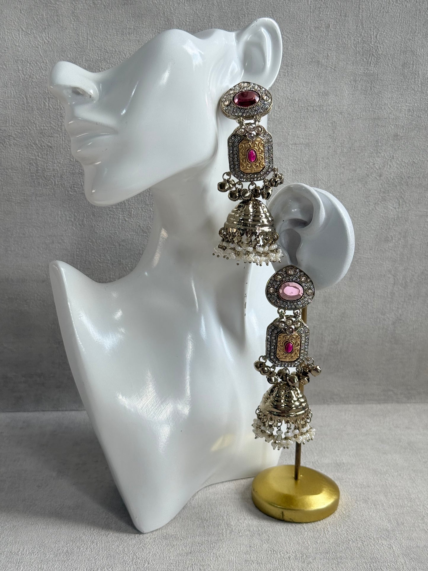 Ayura Designs Maara Jhumkis – Champagne Gold with Rose Pink & Rani Pink Stones, Crystals, Ghungroos & Pearl Detailing