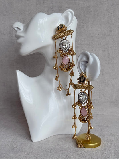 Ayura Designs Rouf Earrings – Kashmiri Earrings with Blush Pink Stone, Crystal Detailing & Ghungroo Accents