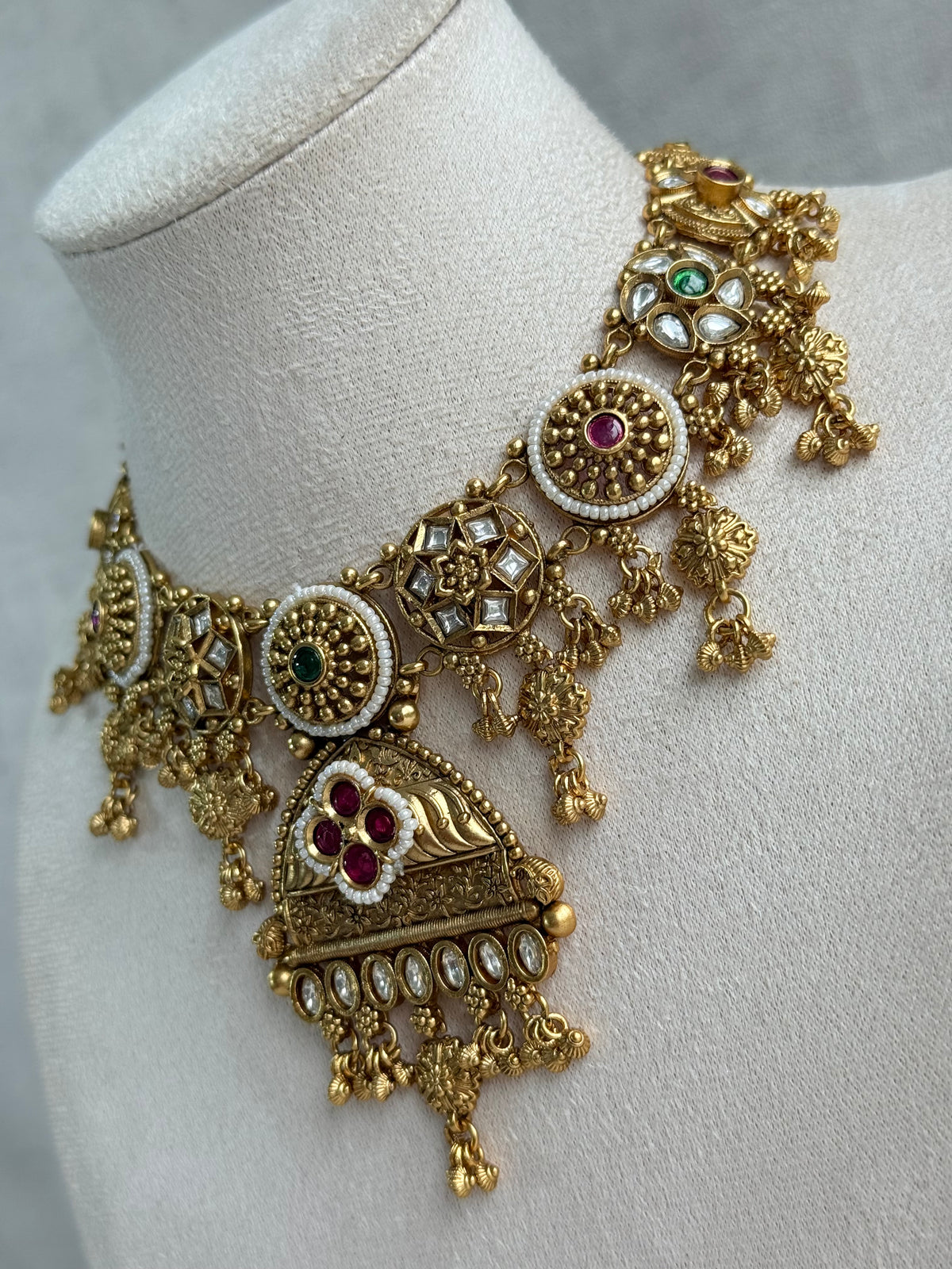 Ayura Designs Kriti Necklace Set with Earrings – Antique Gold Multicolour Kundan Design with Pearls & Ghungroo Detailing