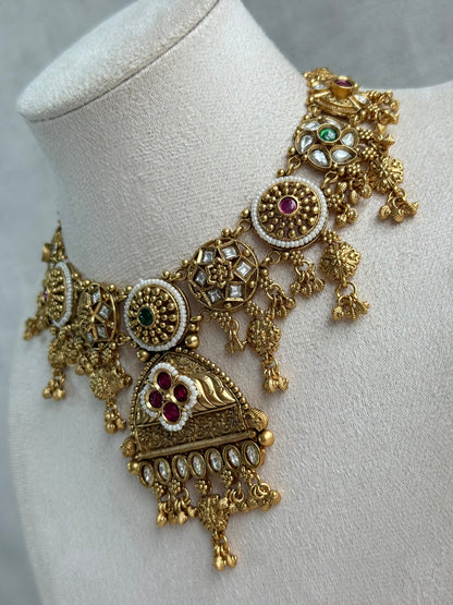 Ayura Designs Kriti Necklace Set with Earrings – Antique Gold Multicolour Kundan Design with Pearls & Ghungroo Detailing