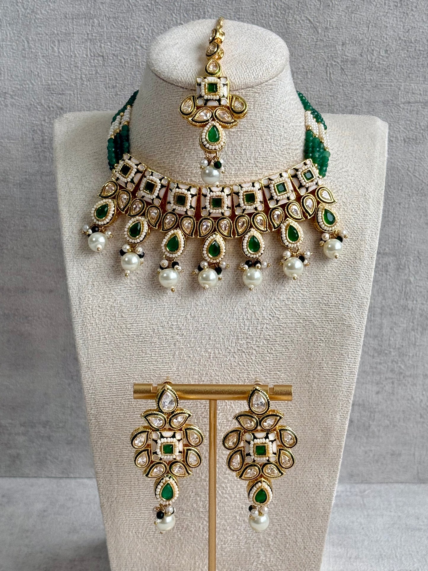 Ayura Designs Jiara Set – Necklace, Earrings & Tikka with Mirror-Cut Stones, Emerald Green & Pearl Detailing