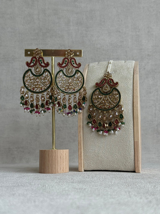 Ayura Designs Anvi Tikka Set with Earrings – Ruby Red & Emerald Green with Champagne Stones