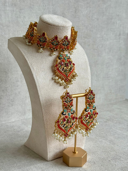 Ayura Designs Itrat Set with Choker, Earrings & Tikka – Antique Gold with Multicolour Stones & Pearl Detailing