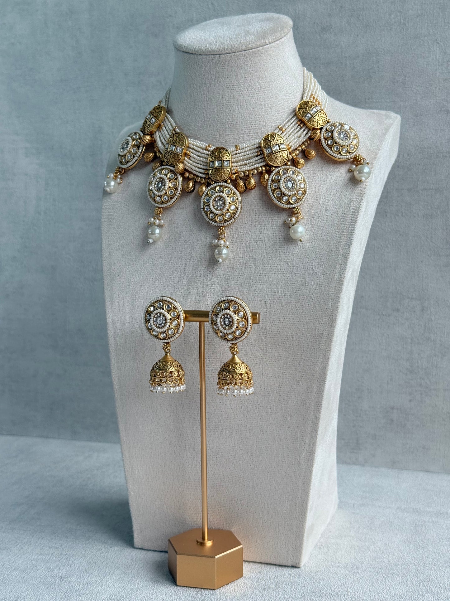 Ayura Designs Tabani Necklace Set with Jhumki Earrings – Kundan Medallion Design, Ivory Pearls & Antique Gold Finish