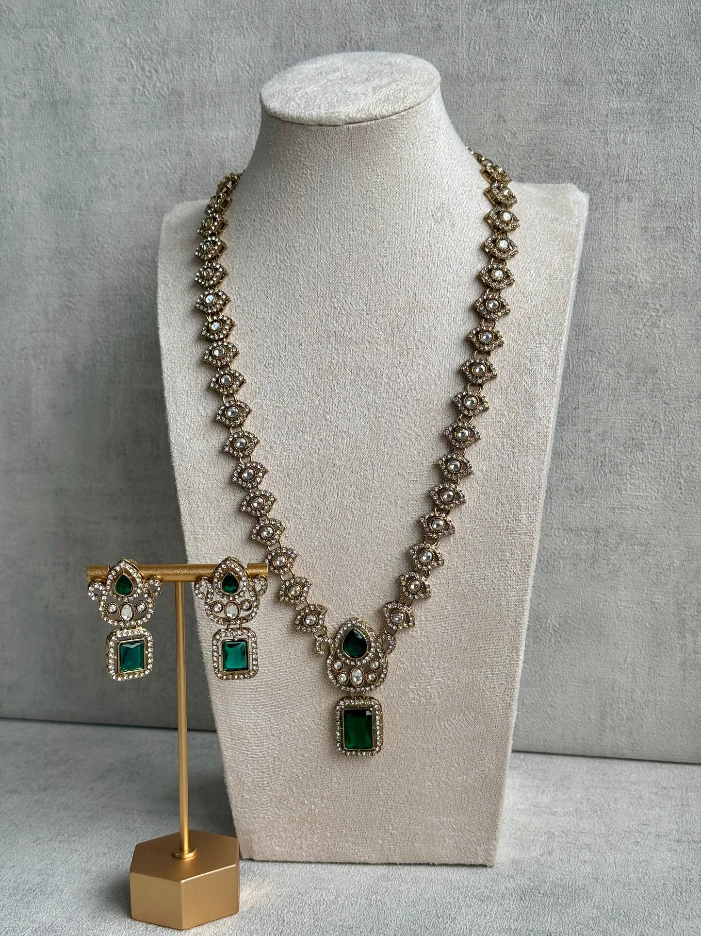 Ayura Designs Aria Set with Earrings – Antique Gold-Finished Ensemble with Emerald Green Stones & Polki Kundan