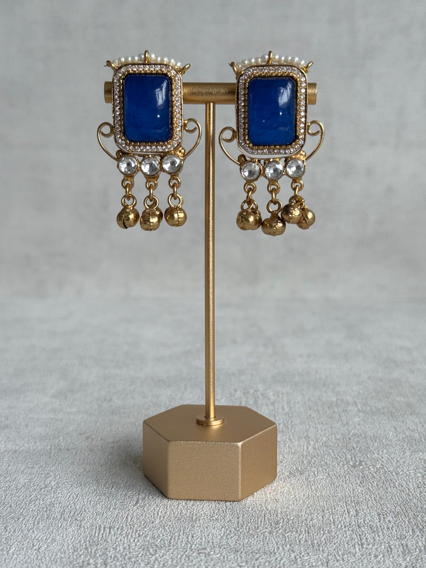 Ayura Designs Aleena Earrings – Sapphire Blue Stone Stud Earrings with Pearls & Ghungroo Detailing