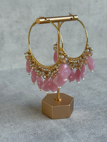 Ayura Designs Heer Balis – Gold Hoops with Baby Pink Marble Beads, Pearls & Crystal Detailing