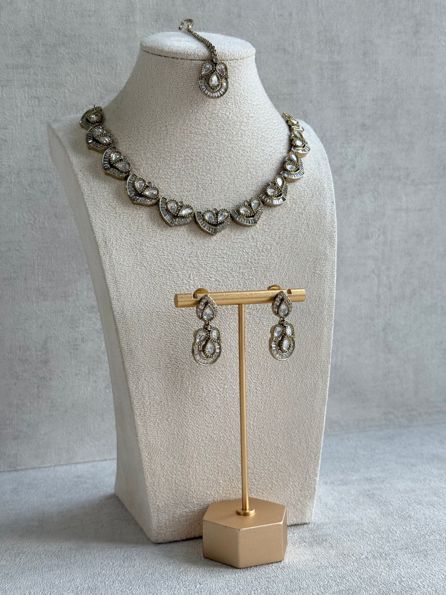 Ayura Designs Katalina Necklace Set with Earrings & Tikka – Crystal Detailing & Antique Gold Finish