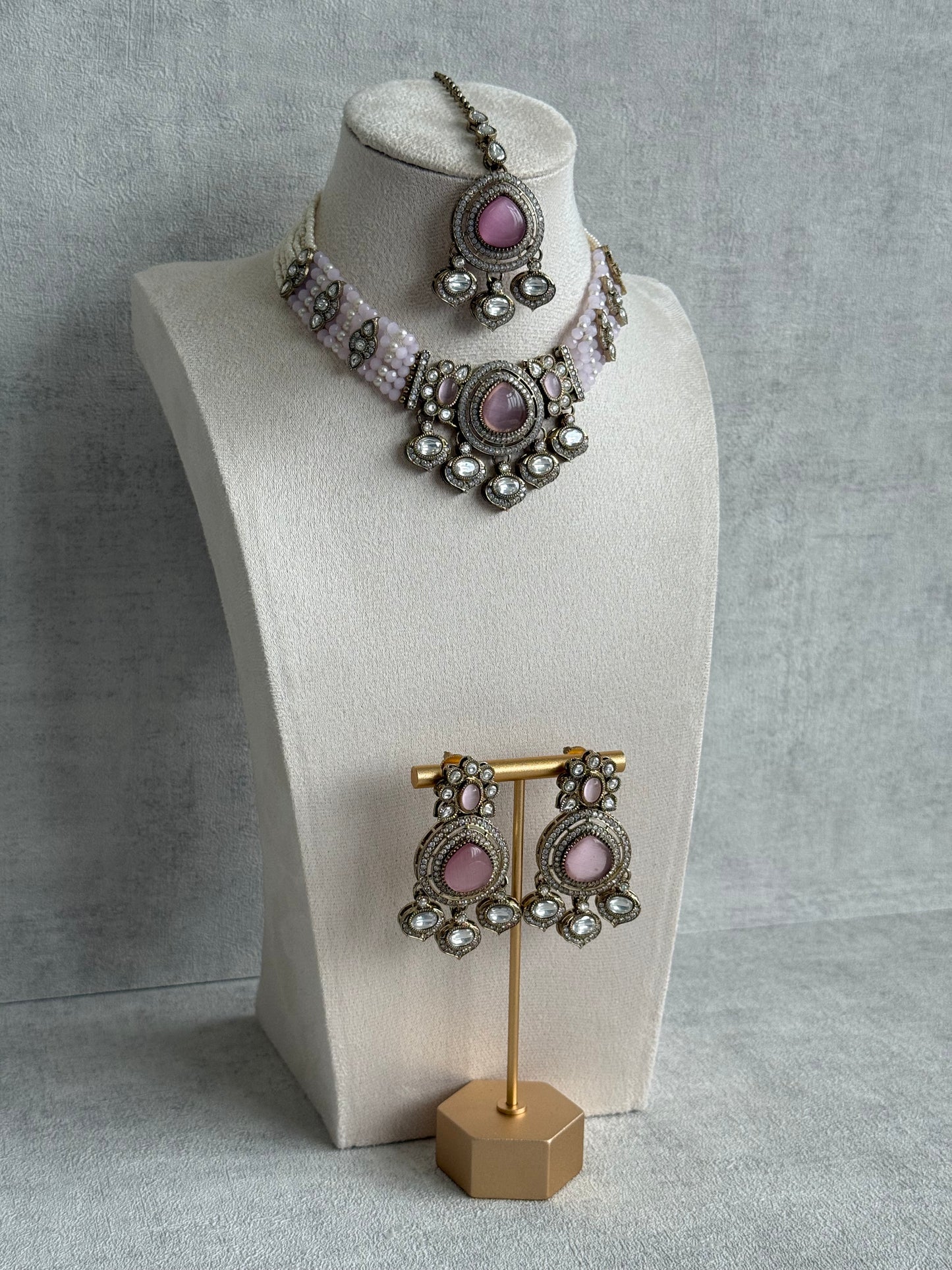 Ayura Designs Rahi Necklace Set with Earrings & Tikka – Blush Pink Stones with Mirror-Cut Detailing & Pearl Strands