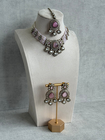 Ayura Designs Rahi Necklace Set with Earrings & Tikka – Blush Pink Stones with Mirror-Cut Detailing & Pearl Strands