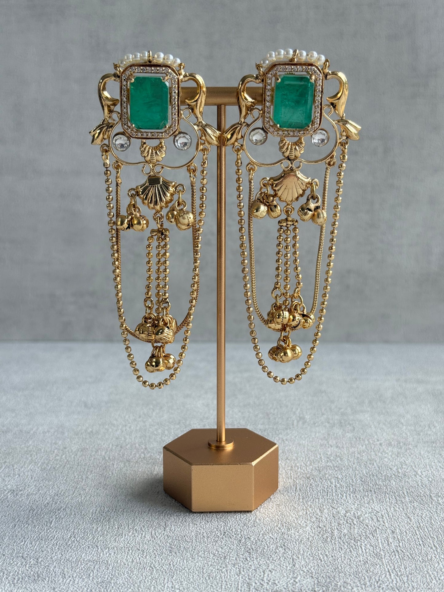 Ayura Designs Jaid Earrings – Jade Green Floral Motif with Layered Chains & Ghungroos