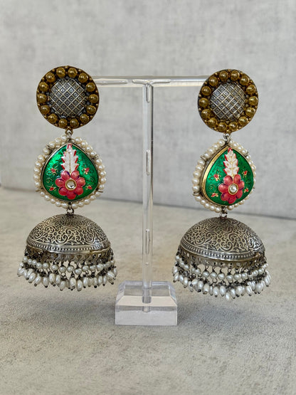 Ayura Designs Mirha Earrings – Handcrafted Meenakari & Pearl Jhumkas with Intricate Silver Filigree Detailing