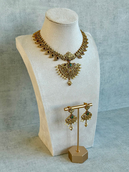 Ayura Designs Joya Set with Necklace, Earrings & Tikka – Kundan Detailing, Pink & Green Stones with Pearl Drops