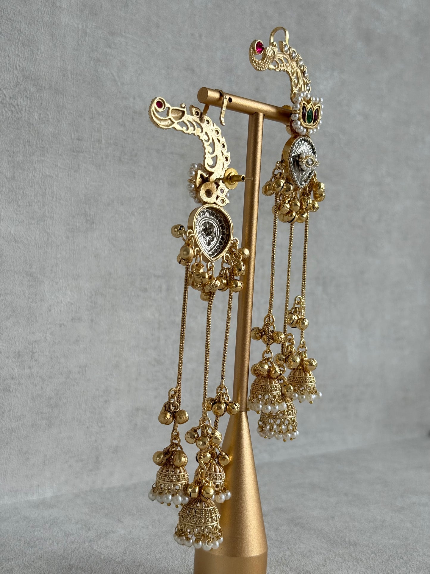 Ayura Designs Kaifiya Earrings – Peacock-Inspired Half Ear Cuff Jhumkis with Ruby Pink & Emerald Stones