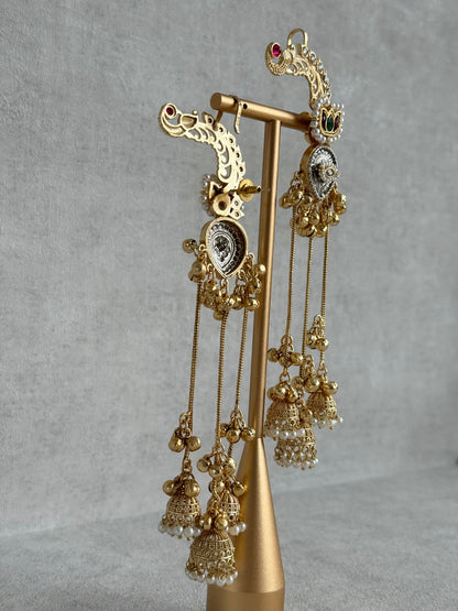 Ayura Designs Kaifiya Earrings – Peacock-Inspired Half Ear Cuff Jhumkis with Ruby Pink & Emerald Stones