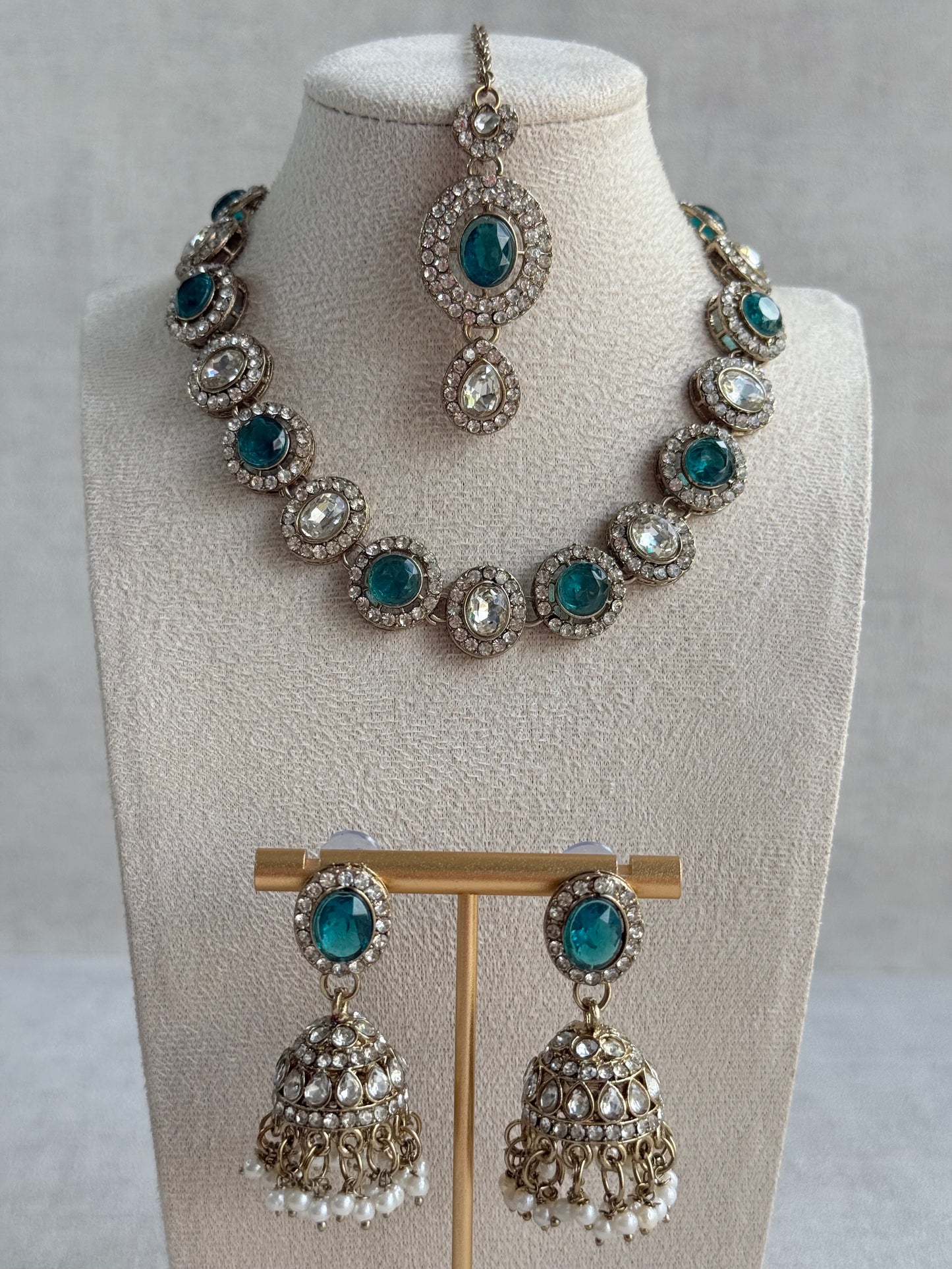 Ayura Designs Eira Necklace Set with Earrings & Tikka – Teal & Crystal Stones with Antique Gold Finish