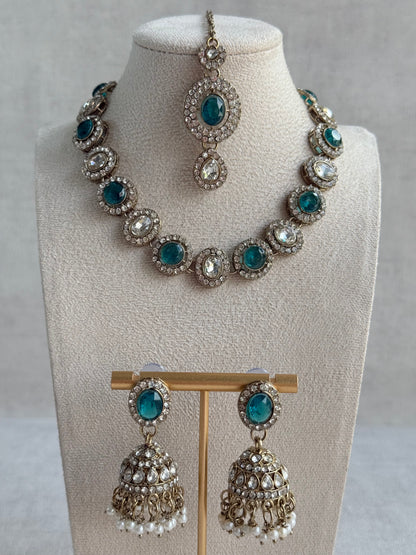 Ayura Designs Eira Necklace Set with Earrings & Tikka – Teal & Crystal Stones with Antique Gold Finish
