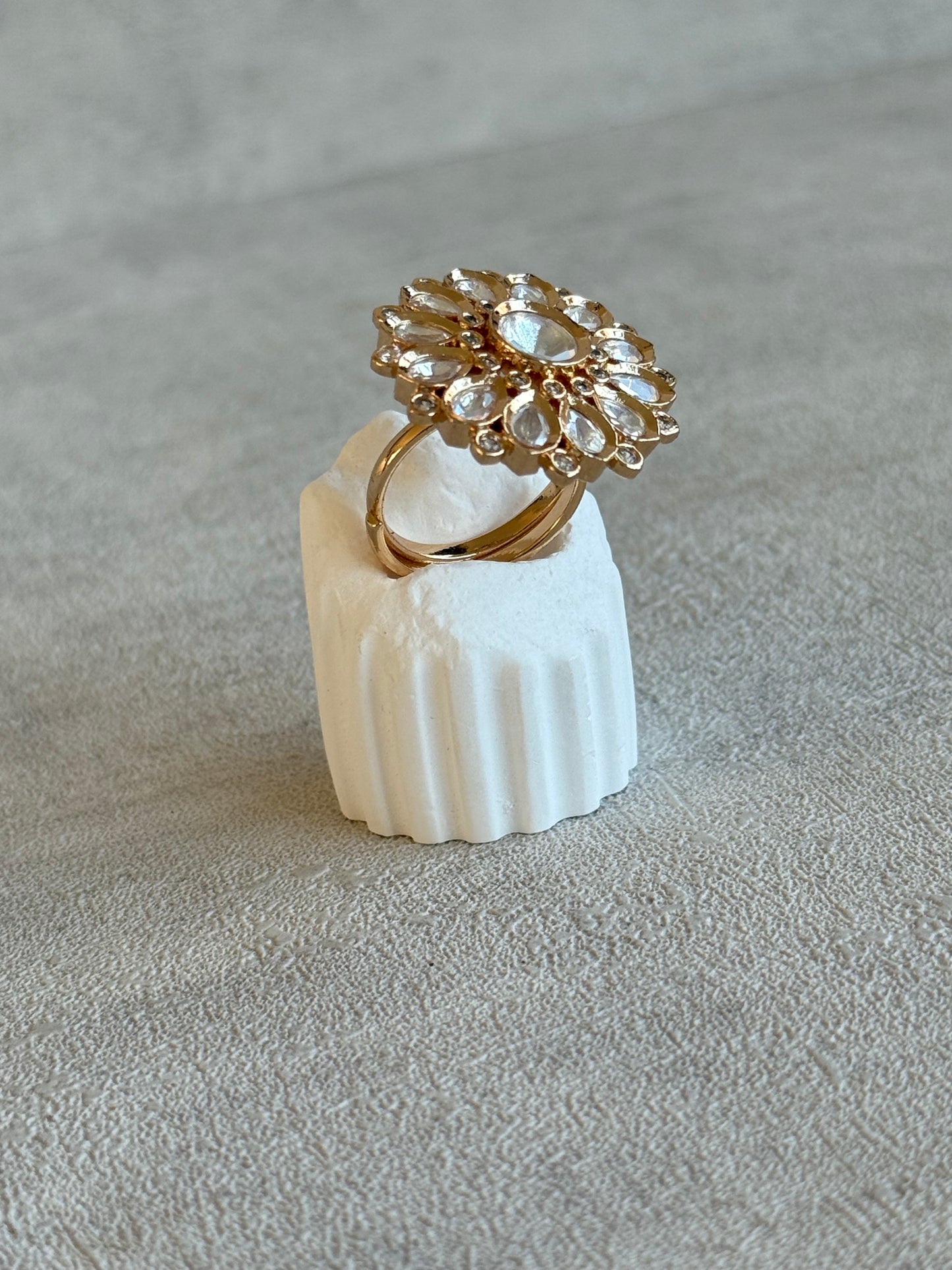 Ayura Designs Luisa Adjustable Ring – Crystal Centre Stone with Crystal Petal Detailing