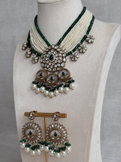 Ayura Designs Callie Set with Earrings – Emerald Green, Ivory Pearl & Jadau Detailing