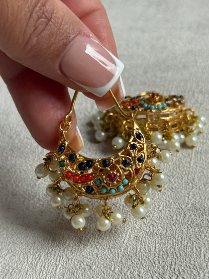 Ayura Designs Rasam Balis – Antique Gold Hoops with Multicolour Stones & Pearl Clusters