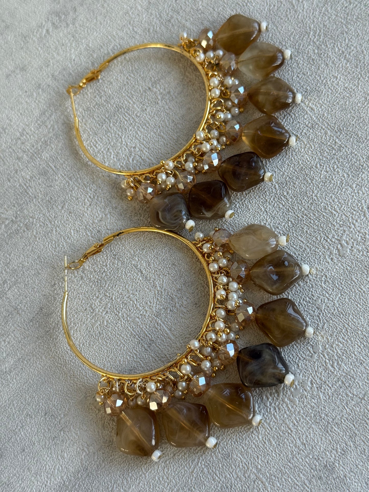 Ayura Designs Heer Balis – Gold Hoops with Mocha Marble Beads, Pearls & Crystal Detailing