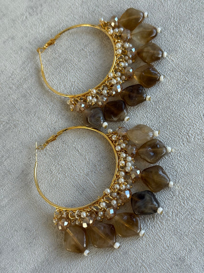 Ayura Designs Heer Balis – Gold Hoops with Mocha Marble Beads, Pearls & Crystal Detailing