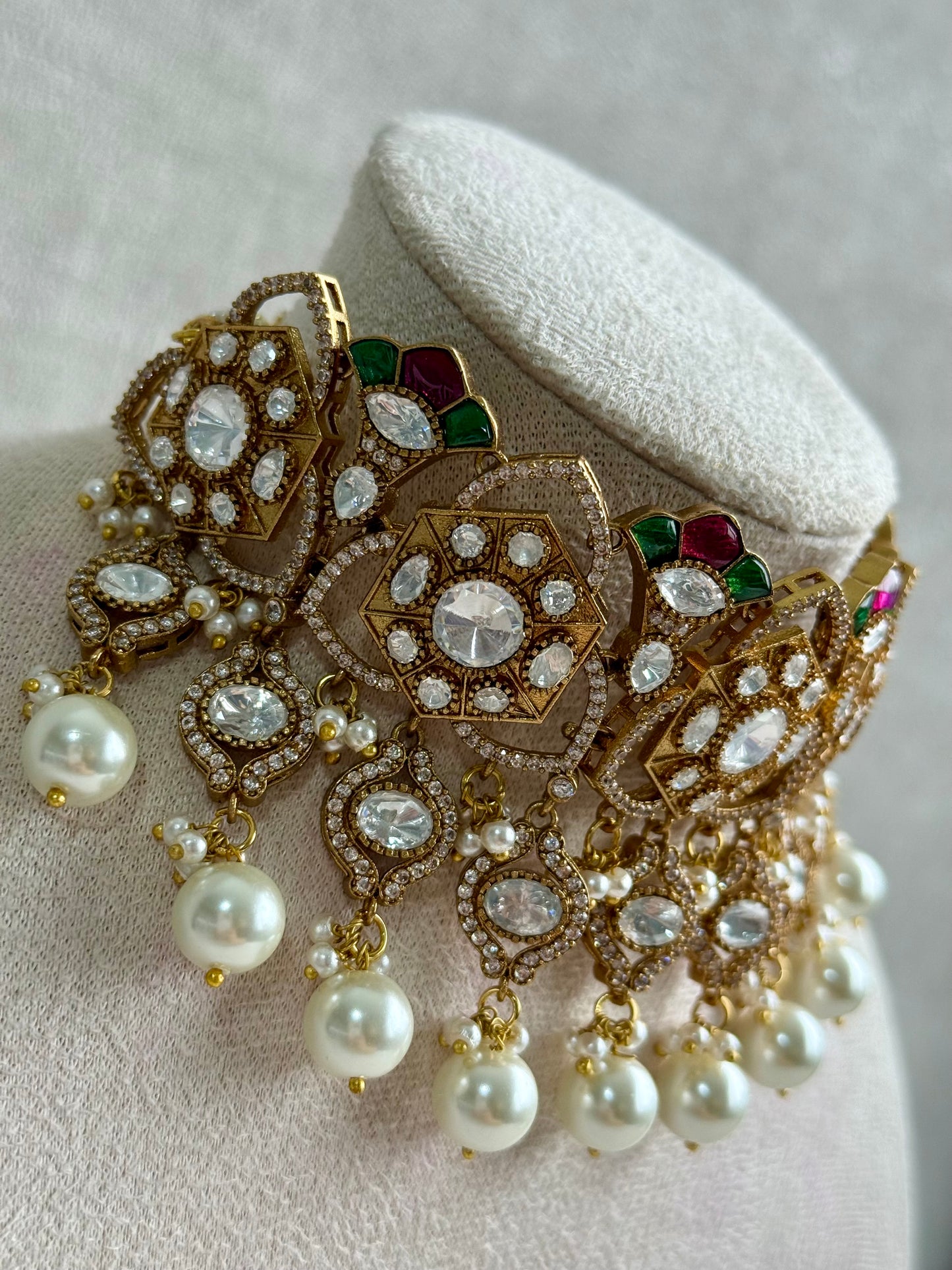 Ayura Designs Serina Choker Set with Earrings – Green & Pink Enamel, Mirror-Cut Stones & Pearl Drops