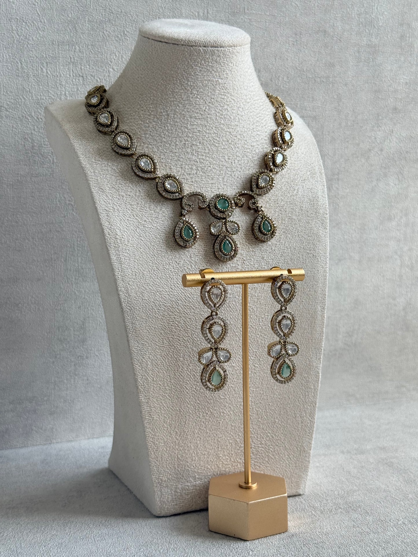Ayura Designs Bianca Necklace Set with Earrings – Mint Green & White Kundan, Crystals & Gold Finish