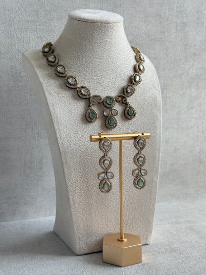 Ayura Designs Bianca Necklace Set with Earrings – Mint Green & White Kundan, Crystals & Gold Finish