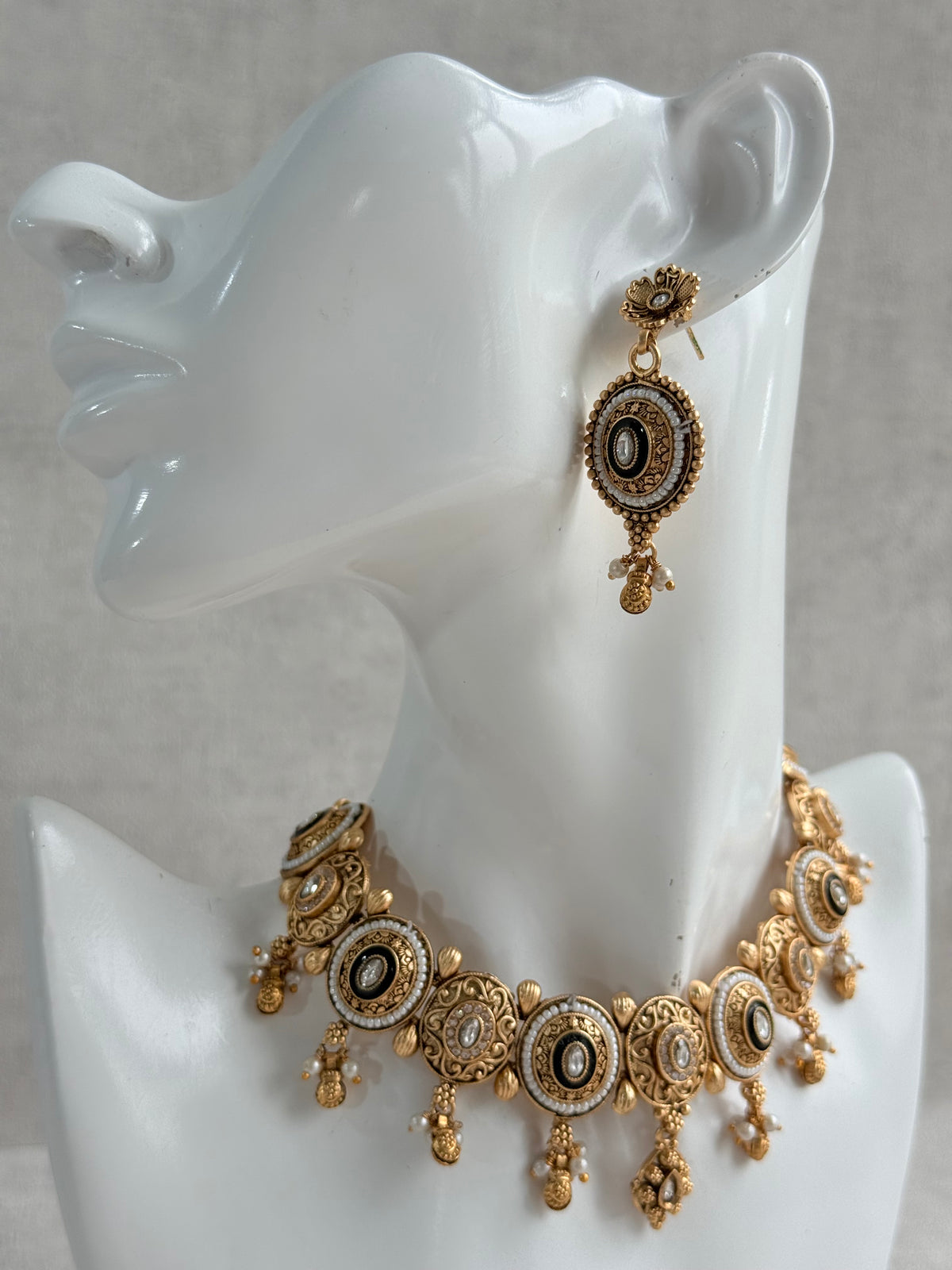Ayura Designs Livia Necklace Set with Earrings – Green Enamel, Kundan & Pearl Detailing in Antique Gold Finish