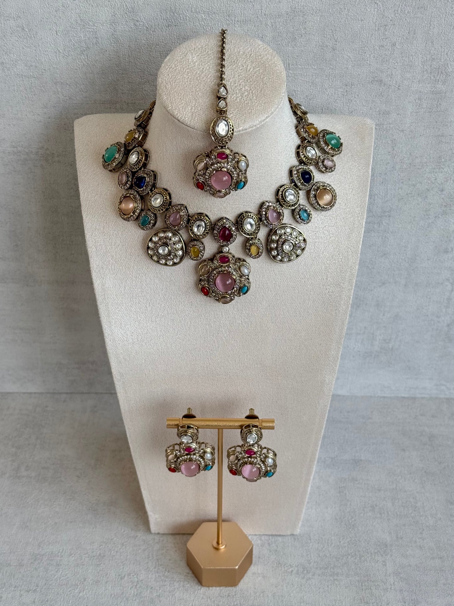 Ayura Designs Elvira Necklace Set with Earrings & Tikka – Multicolour Stone Necklace with Pink Centre Stones & Pearl Detailing