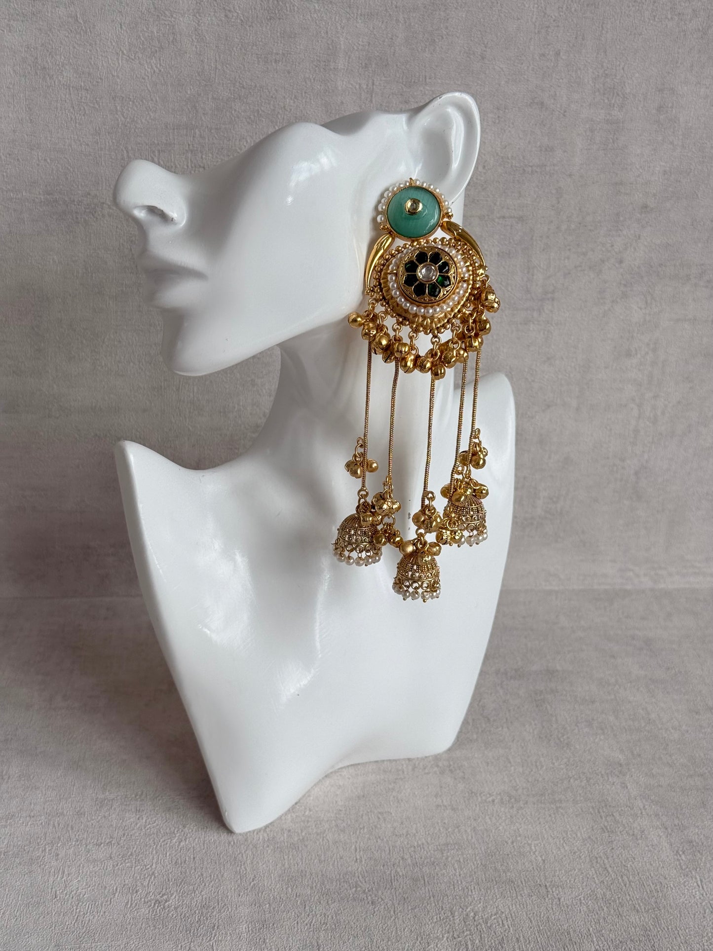 Ayura Designs Shagan Earrings – Mint Green Statement Earrings with Multi Jhumki Drops, Pearl Detailing & Ghungroo Accents