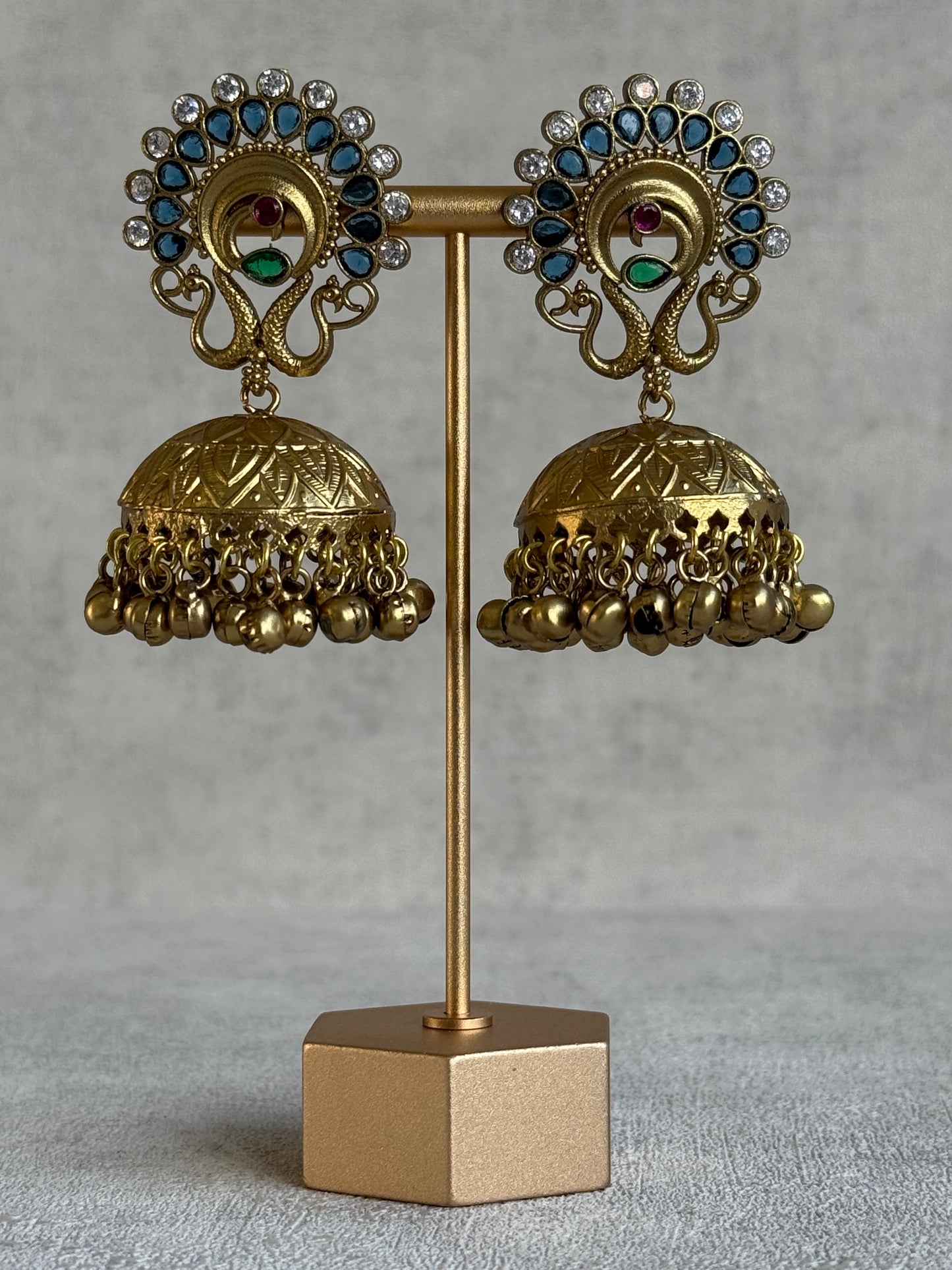 Ayura Designs Moraya Jhumkis – Ink Blue Peacock Motif with Antique Gold Detailing