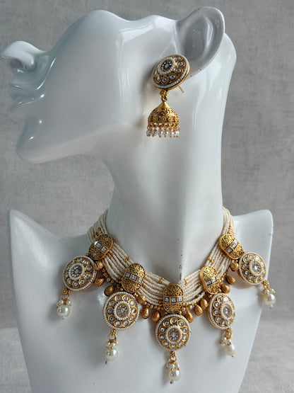 Ayura Designs Tabani Necklace Set with Jhumki Earrings – Kundan Medallion Design, Ivory Pearls & Antique Gold Finish