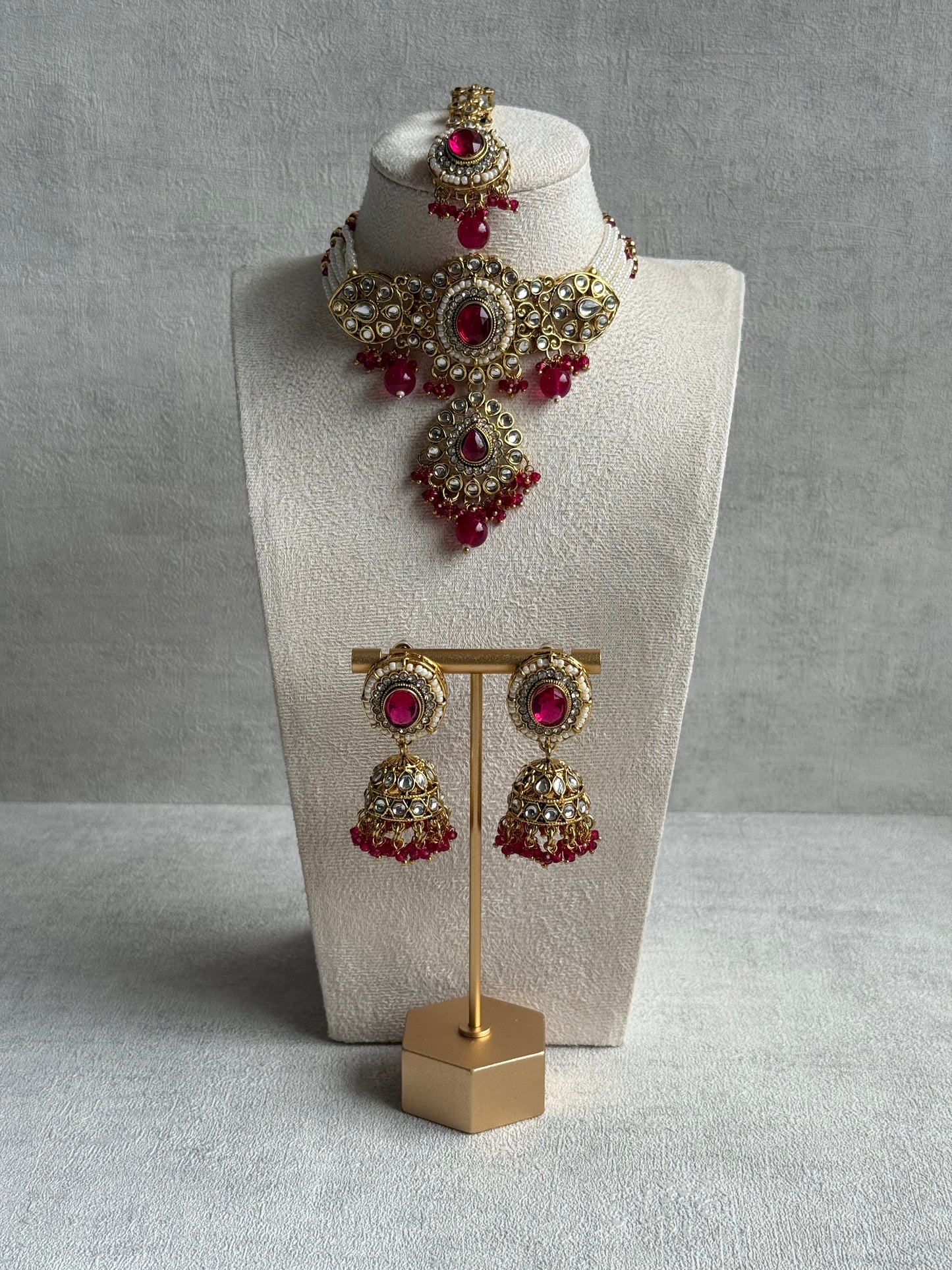 Ayura Designs Muskaan Set – Choker, Jhumkis & Tikka with Fuchsia Beads, Kundan Stones & Antique Gold Finish