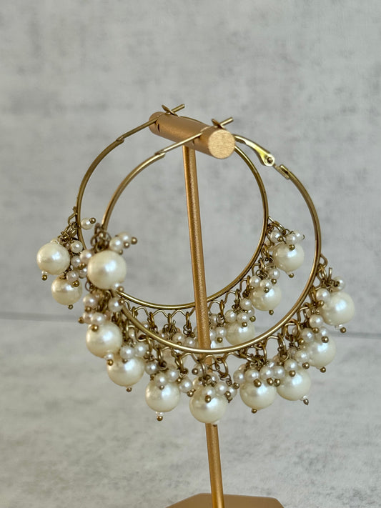 Ayura Designs Mehru Balis – Antique Gold Pearl Hoop Earrings with Layered Cluster Detailing