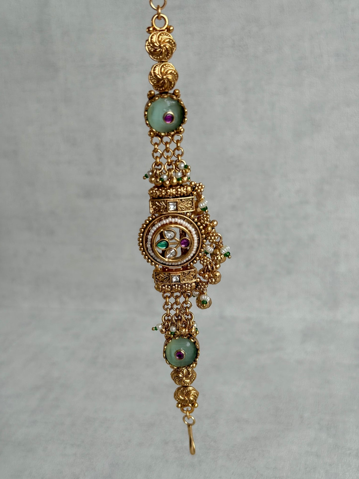 Ayura Designs Pravya Bracelet – Gold Bracelet with Mint, Pink & Green Stones & Ghungroo Detailing