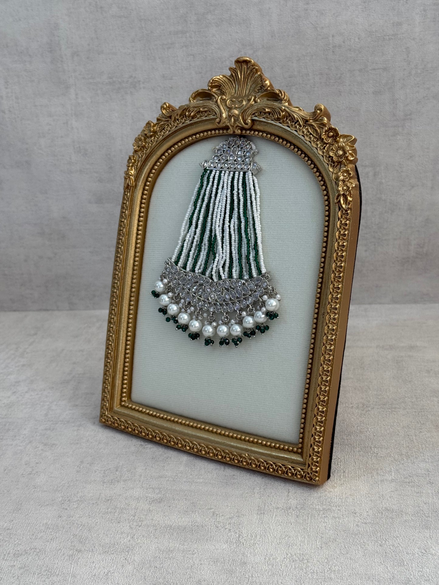 Ayura Designs Ash Jhoomar Passa – Emerald Green Beads with Mirror Cut Stones & Silver Finish