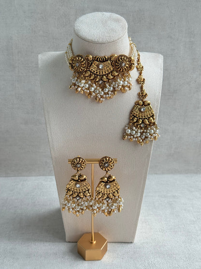 Ayura Designs Sairish Choker Set with Earrings & Tikka – Ivory Beads, Pearl Detailing, Ghungroos, Paisley Motifs & Antique Gold Finish
