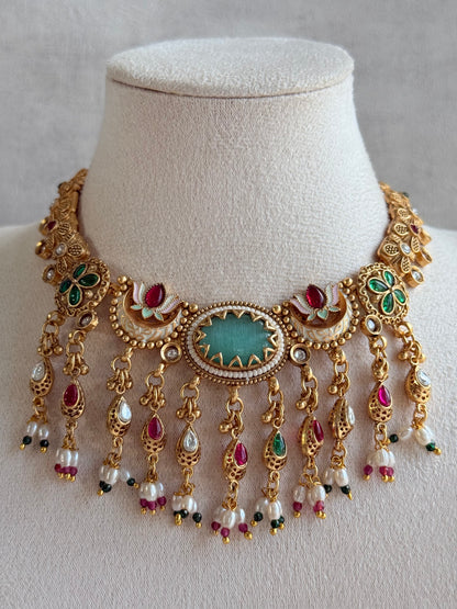 Ayura Designs Aavya Necklace Set – Aqua Green & Rani Pink Kundan Meenakari Design