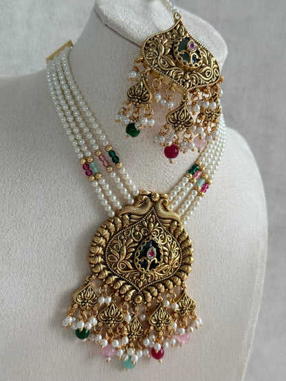 Ayura Designs Afia Necklace Set with Earrings & Tikka – Antique Gold, Multicolour Beads, Green Centre Stone & Peacock Motifs