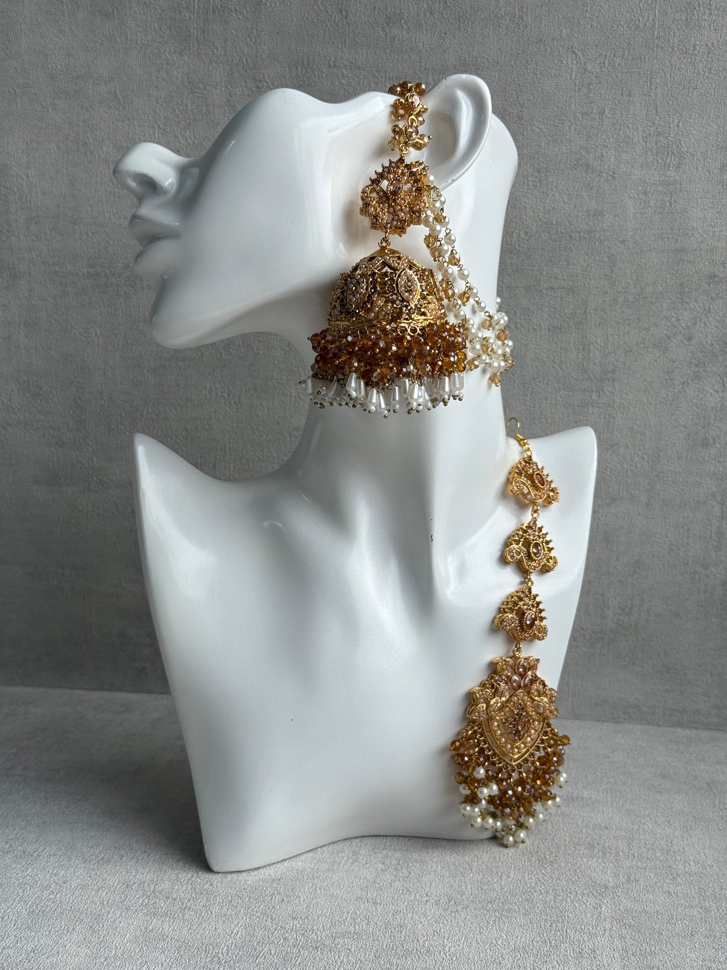 Ayura Designs Safia Tikka Set with Sahare Earrings – Champagne Gold Beads & Pearls
