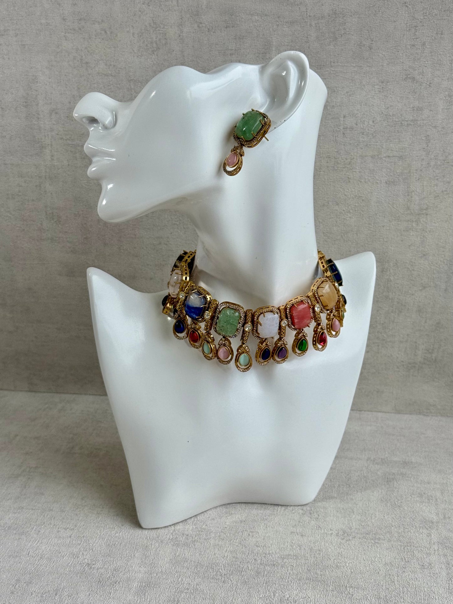 Ayura Designs Adelaide Necklace Set with Earrings – Multicolour Moissanite with Green Stone Drop Earrings