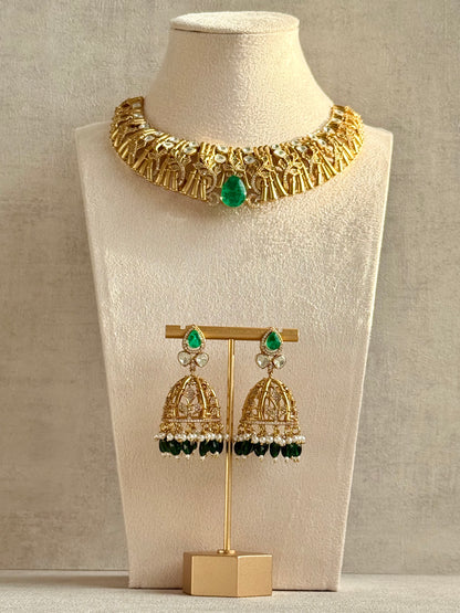 Ayura Designs Rami Collar Set with Jhumkis – Sculpted Gold Collar with Emerald Green Stone and Crystal Detailing