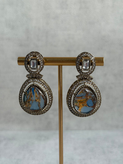Ayura Designs Aurora Set with Earrings & Tikka – Blue & Bronze Marbled Stone, Mirror-Cut Accents & Antique Gold Finish
