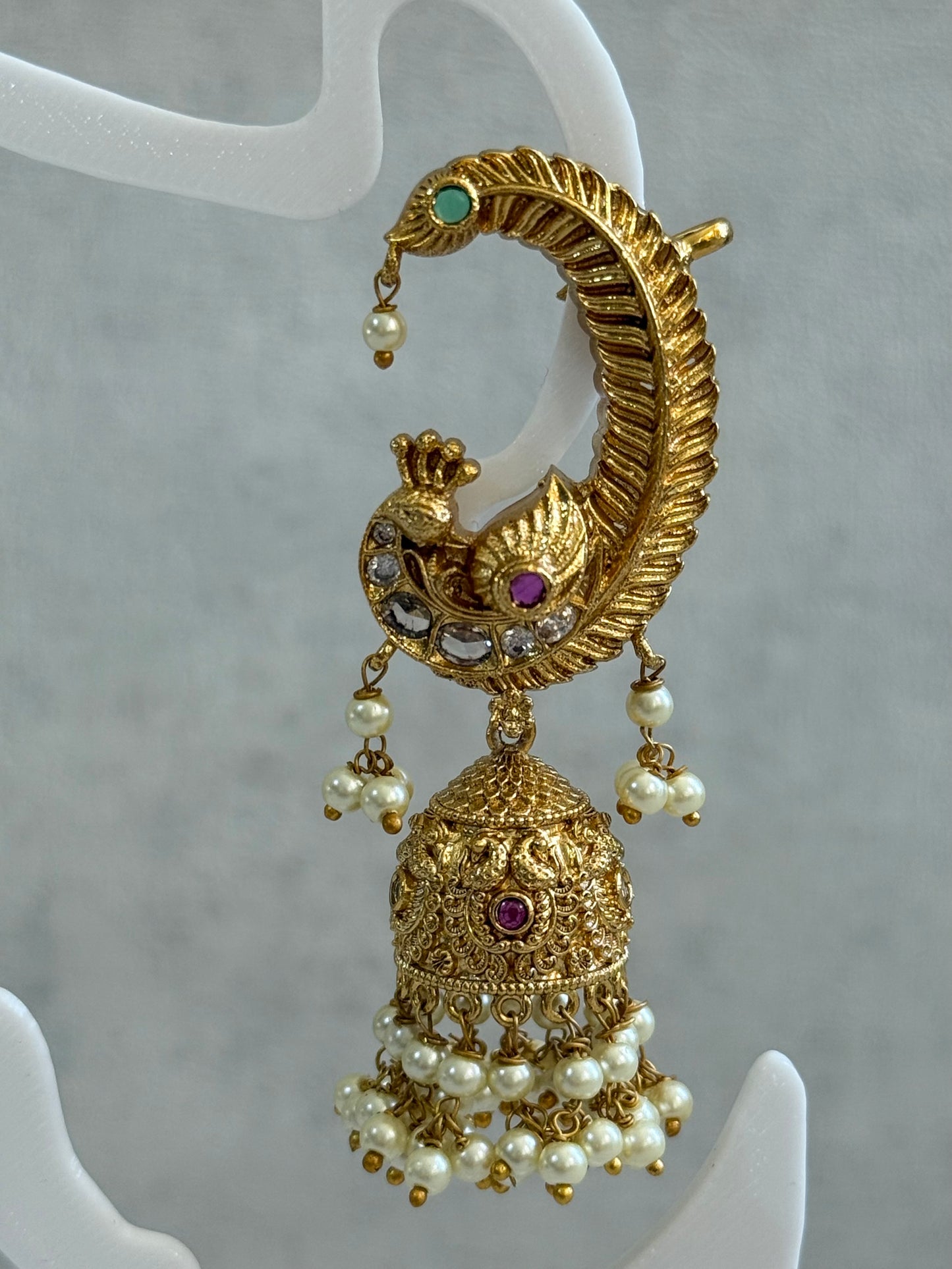 Ayura Designs Mythili Jhumkis – Half Ear Cuffs in Antique Gold with Peacock Design, Pink & Emerald Green Stones and Pearl Drops