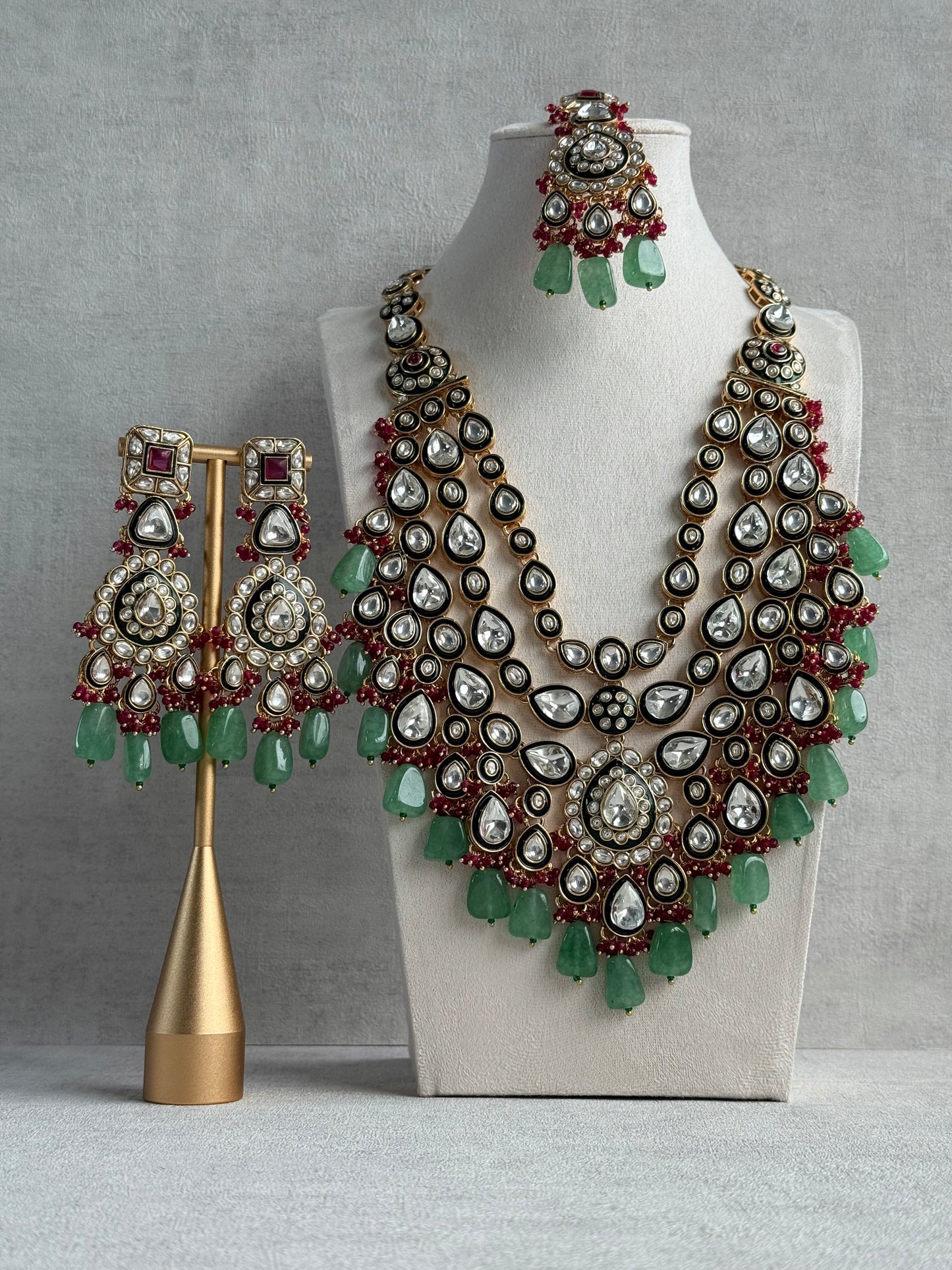 Ayura Designs Zahira Bridal Set with Necklace, Earrings & Tikka – Kundan Detailing with Green Enamel, Pink Stones & Jade Green Beads