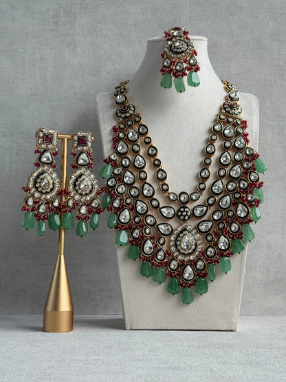 Ayura Designs Zahira Bridal Set with Necklace, Earrings & Tikka – Kundan Detailing with Green Enamel, Pink Stones & Jade Green Beads