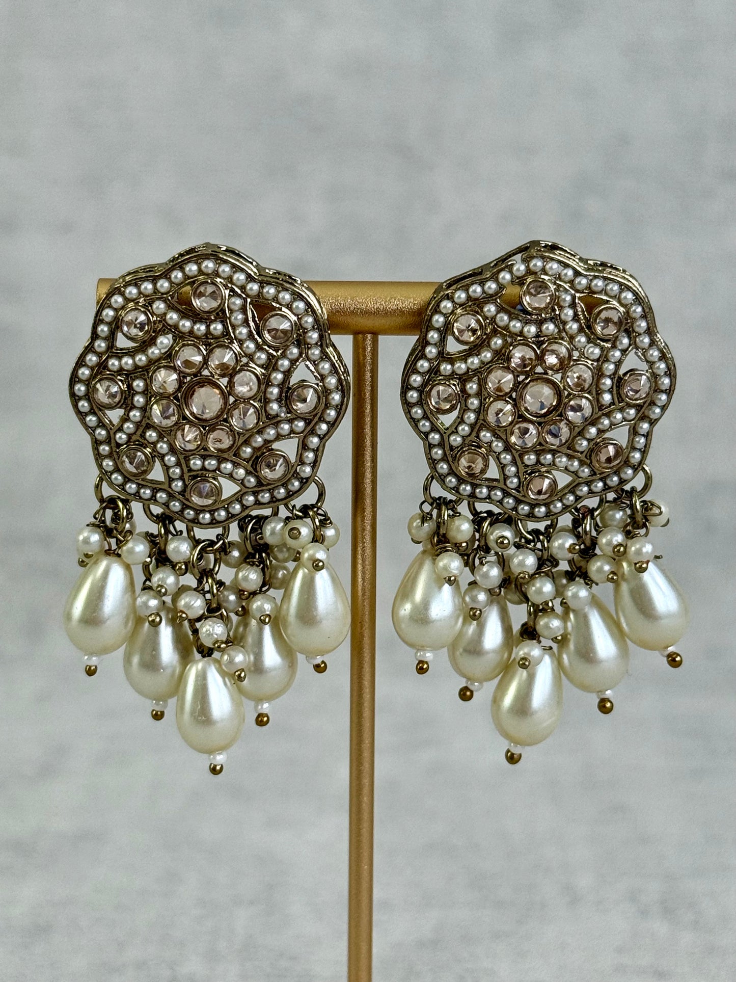 Ayura Designs Aynoor Halo Petal Earrings – Antique Gold Finish with Mirror-Cut Stones & Pearl Drops