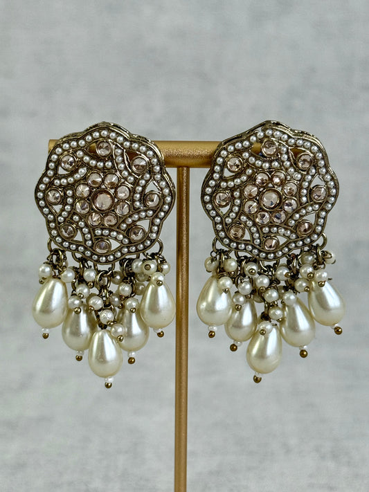 Ayura Designs Aynoor Halo Petal Earrings – Antique Gold Finish with Mirror-Cut Stones & Pearl Drops